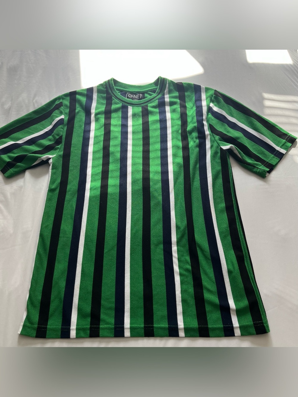 G-Net Striped Green, White, and Navy Short-Sleeve Men's Shirt Size Large